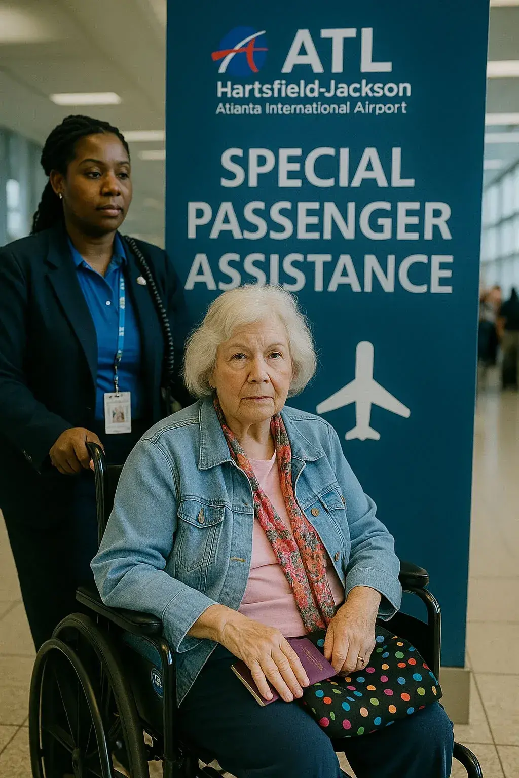 Old lady in wheelchair with and Atlanta airport volunteer